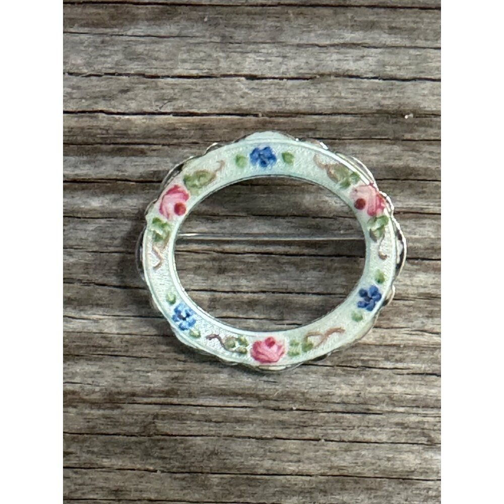 Vintage French LaMode Enamel Flower Sterling Silver Guilloche Brooch